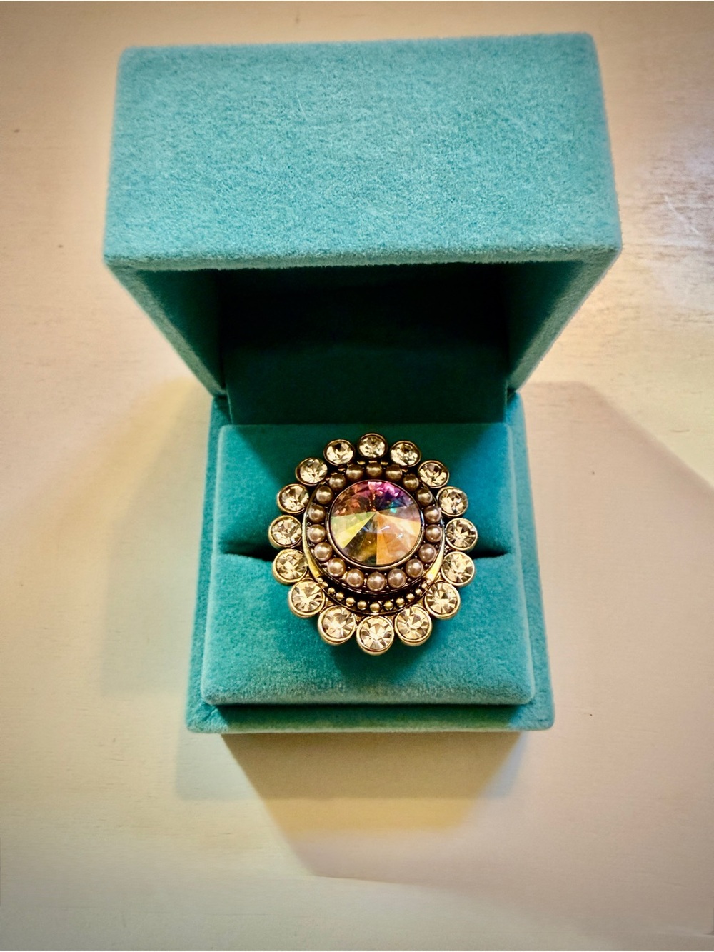 Kurt Geiger Stunning Antique Gold-Tone Halo Ring with Iridescent Center - Picture 3 of 10